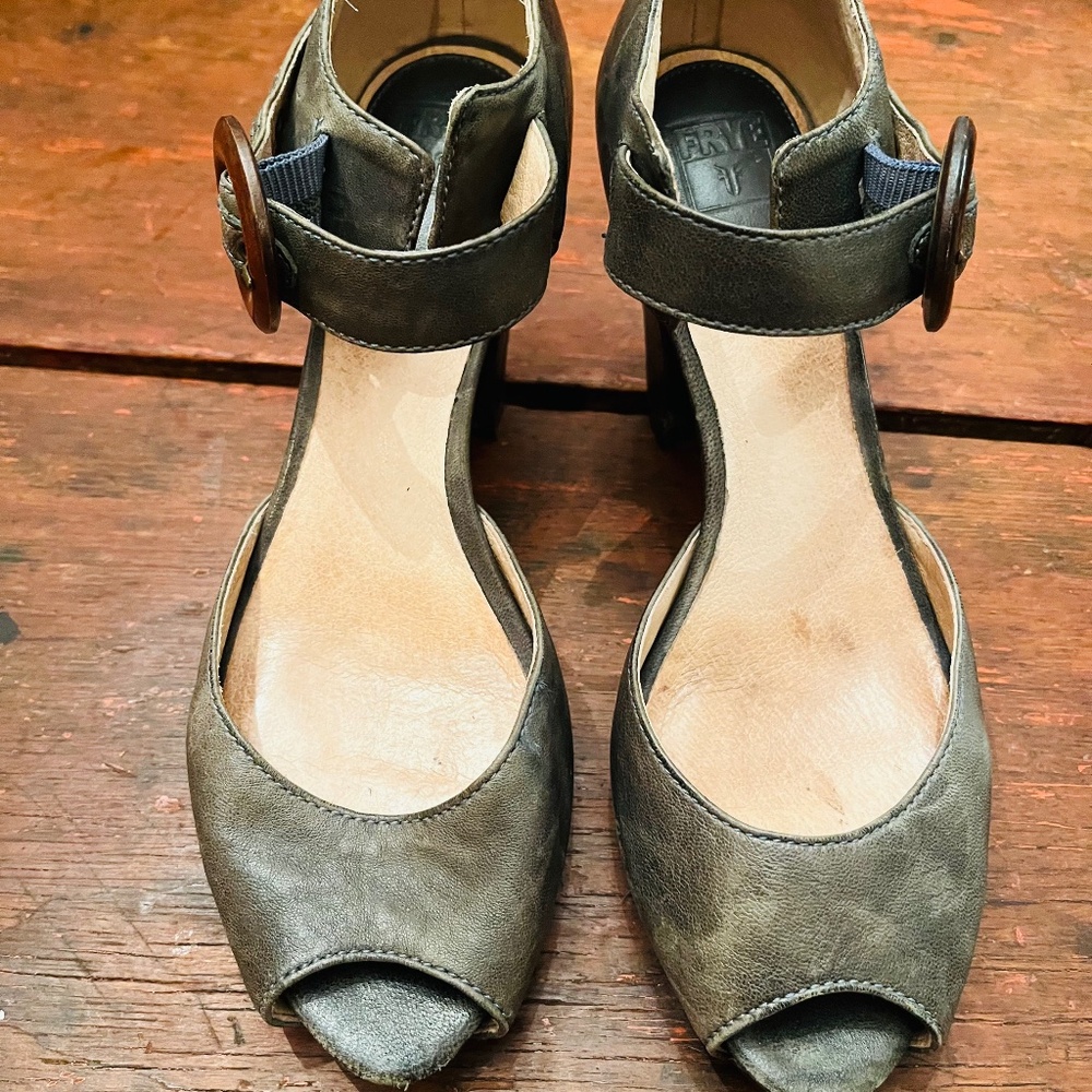 Frye Olive Leather Peep-Toe Ankle Strap Heels with Buckle